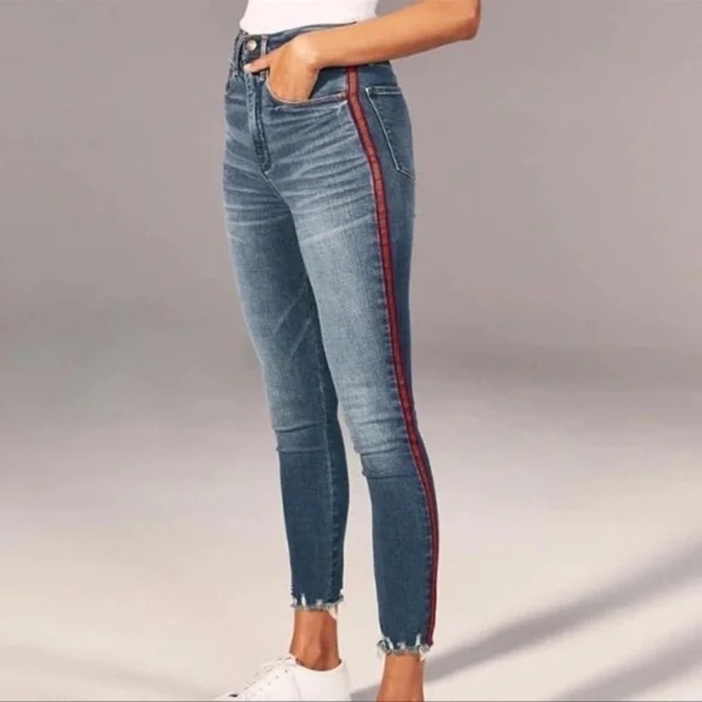 Abercrombie & Fitch Simone High Rise Ankle Jeans Side Stripe Red Blue Size 4 27